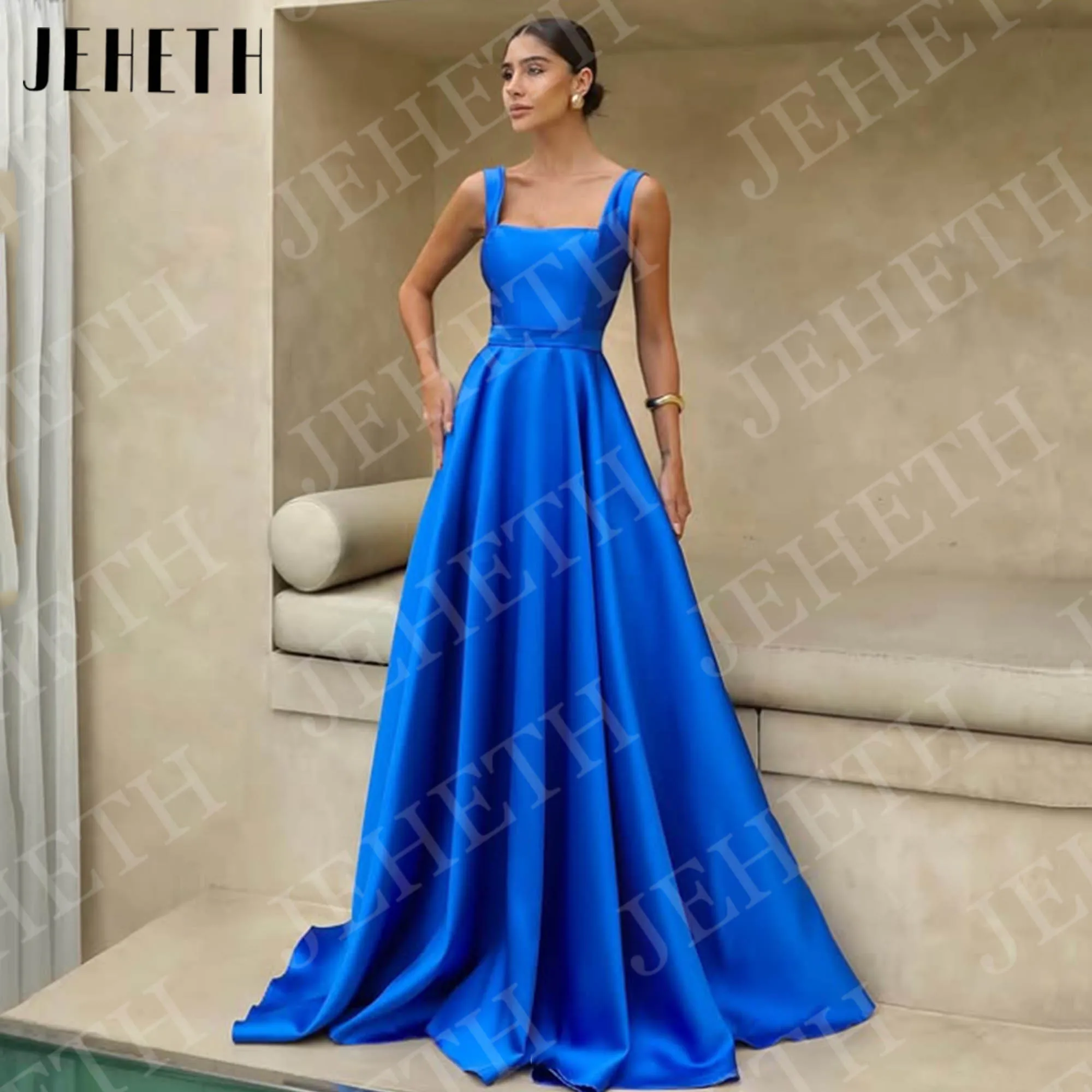 

JEHETH Royal Blue Evening Dresses A Line Elegant Prom Dress Satin Square Neck Formal Party Gown Woman Floor Length Customized