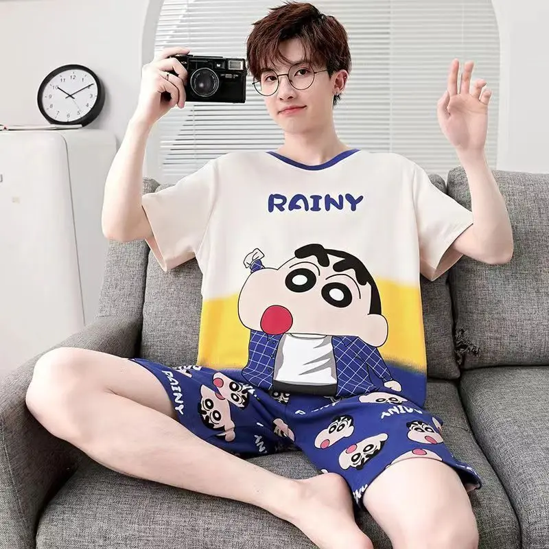 Fashion Young Man Pajamas Set Japan Style Cartoon Print Cool Pijama Summer Roomwear Home Clothes for Students Round Neck Nighty