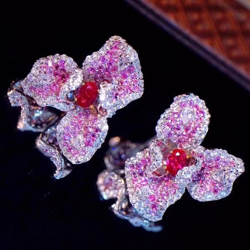 

Red Flower Earrings For Women Fine Luxury Jewelry Cute Romantic Female Gift 925Sterling Silver With Cubic Zircon Free Shipping