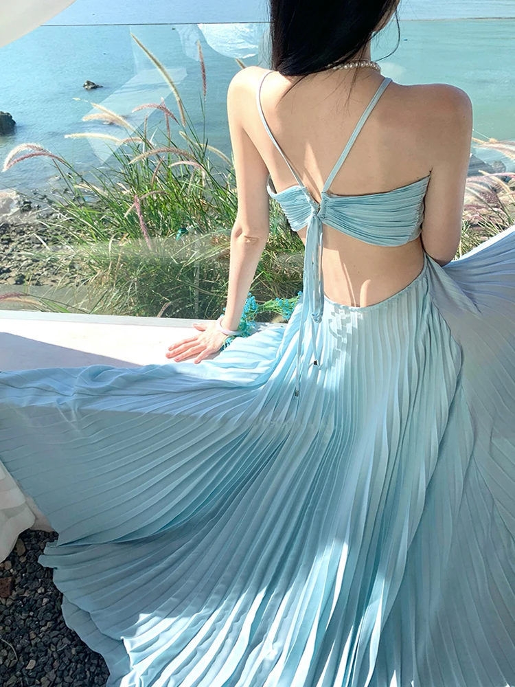 レディースボヘミアンロングプリーツドレス女性の夏のエレガントなセクシーなオフショルダーバックレススリムホリデーパーティードレス Vestidos