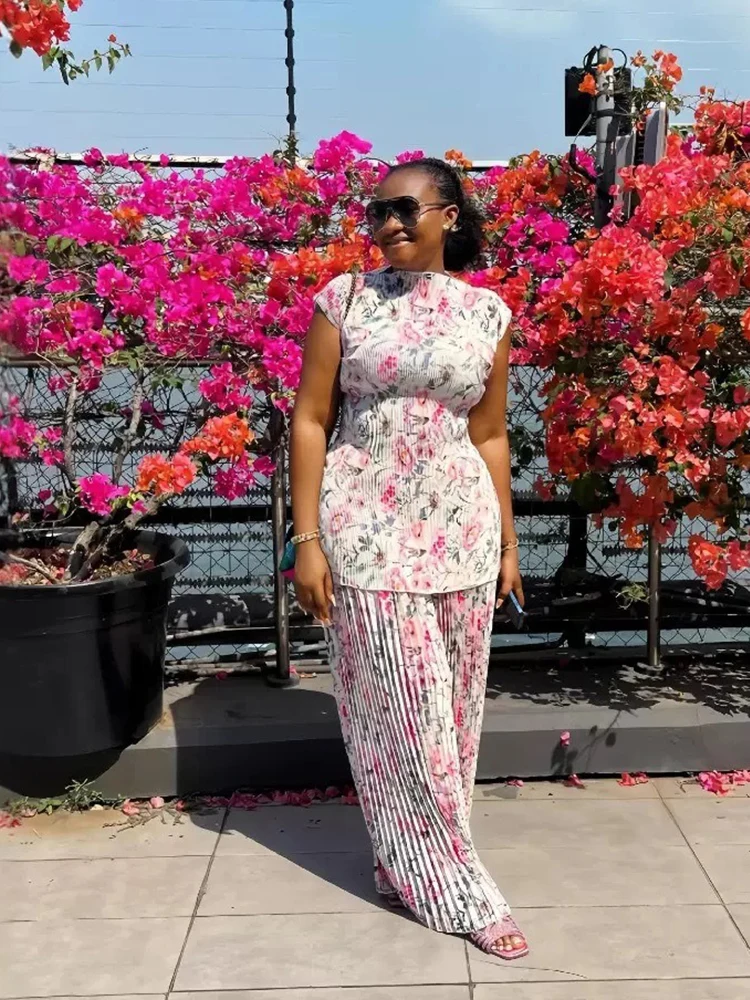 Pleated Wide Leg Pants and Top Floral Woman Summer 2pieces Casual Pants Set Ladies African Elegant Sets Wholesale Dropshipping