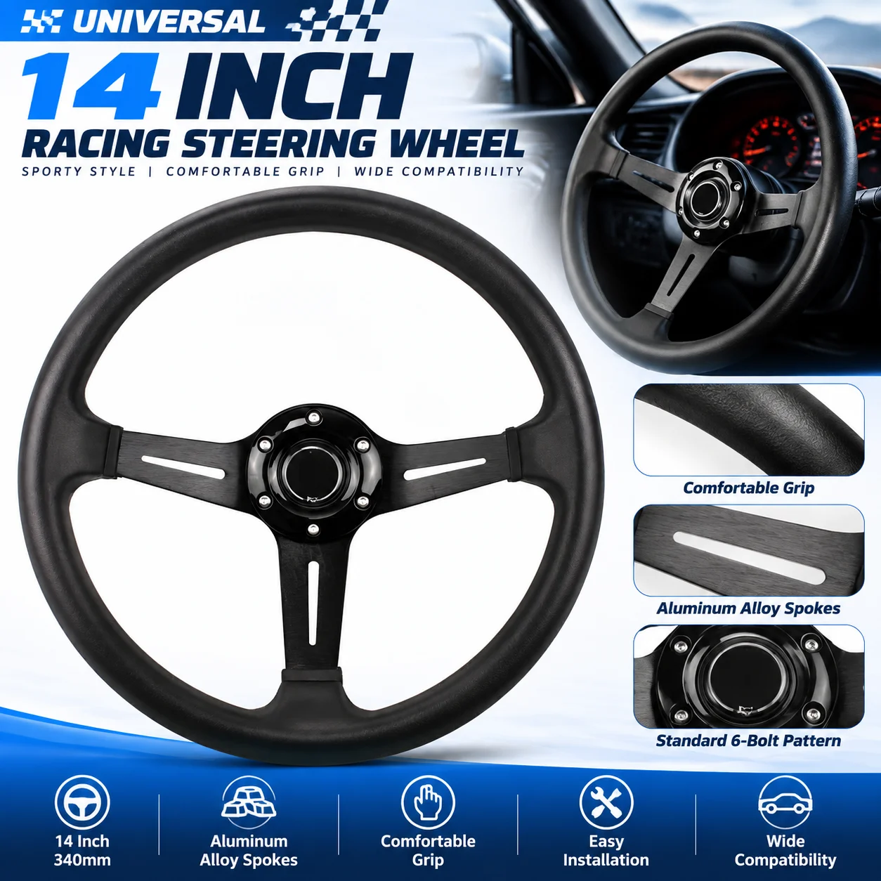 Volanti universali da 14 pollici per auto, volanti sportivi per drifting, volanti da corsa modificati a canale profondo, ricambi auto