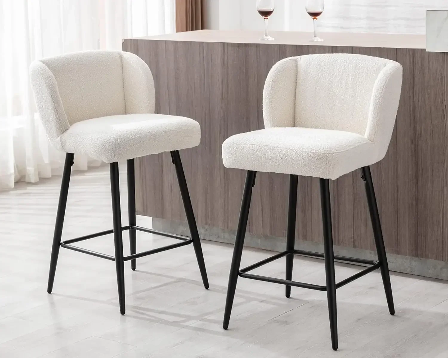 Modern Counter Height Bar Stools Set of 4, 26 Inch Faux Sherpa Upholstered,  Kitchen Counter/Breakfast Bar/Restaurant, White