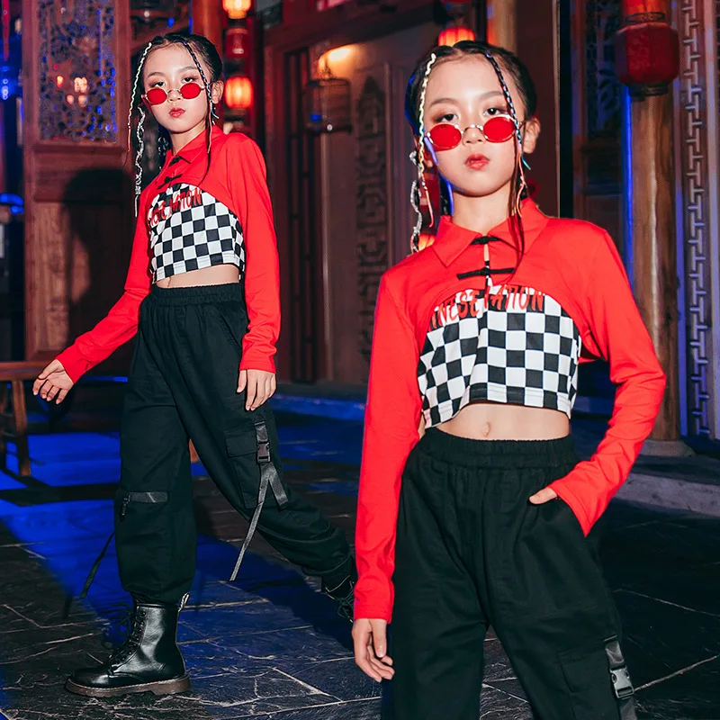 ヒップホップジャズ子供用ダンスウェア、ショーパンツスーツ、k-popステージの衣装、ダンスウェア、女の子の服、赤、黒、白の衣装、3個