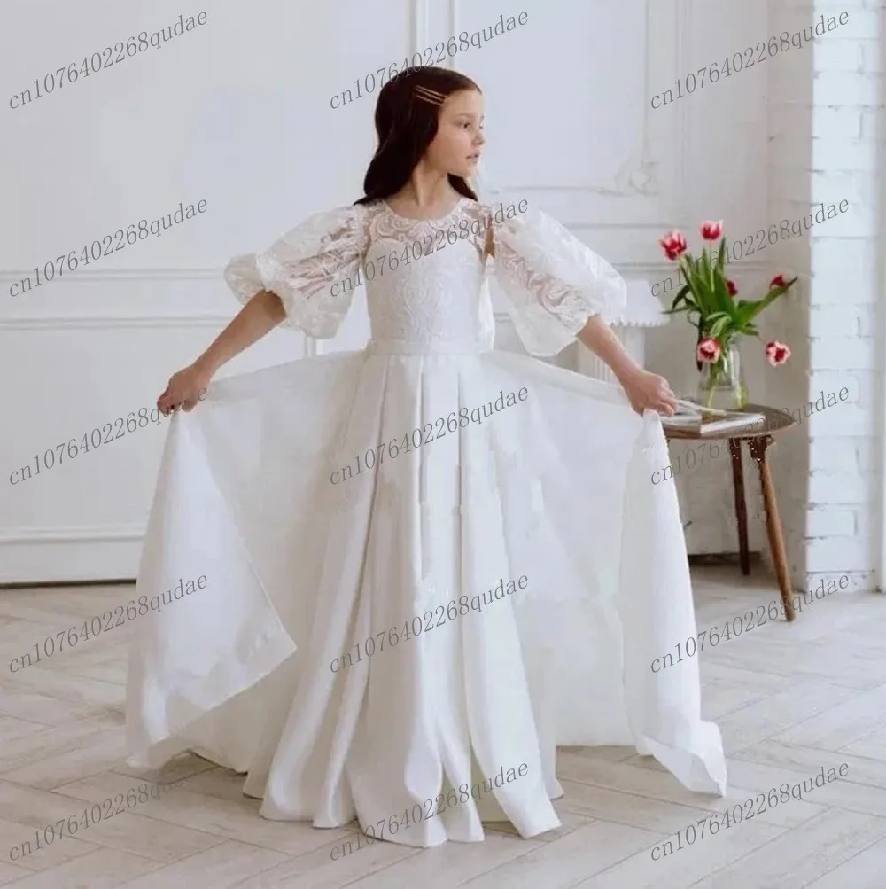 

New White Flower Girl Dresses Wedding Party Princess Lace Tulle Ball Gown Short Sleeve Pageant Gown First Communion Dress