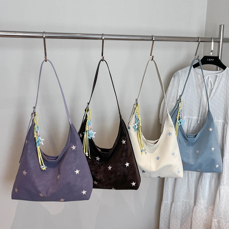 Star Patterned Suede Shoulder Bag,with Star Charm,retro Large-capacity Magnetic Clasp Crossbody Bags,niche Casual Simple Handbag