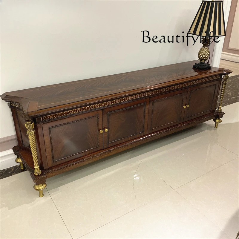 British solid wood TV cabinet European luxury brass villa classical furniture audio-visual cabinet floor cabinet