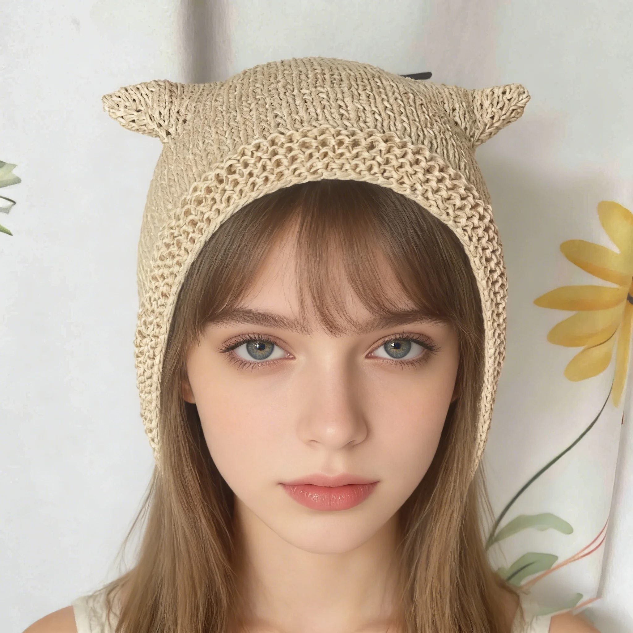 

Cute Cat Ear Straw Beanie Hat Women Summer Breathable Hollow Out Ear Flap Hat Sweet Cartoon Kitty Ears Bonnet Handmade