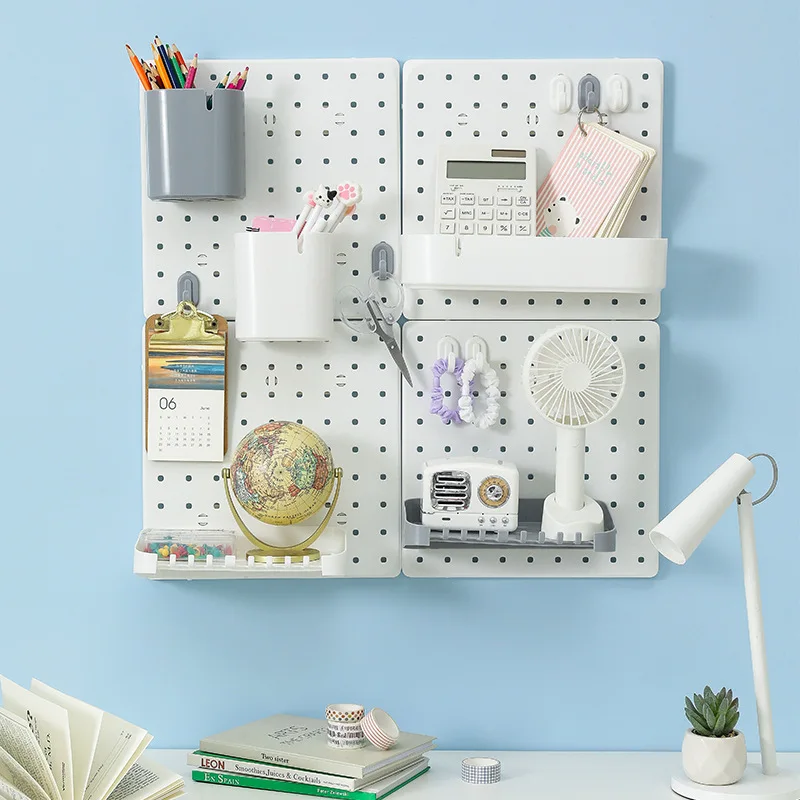 Punch-free Plastic Hole Board Wall Shelf Organizer ,Wall Mount Display Pegboard Panel for Bedroom, Study, Office, Bathroom