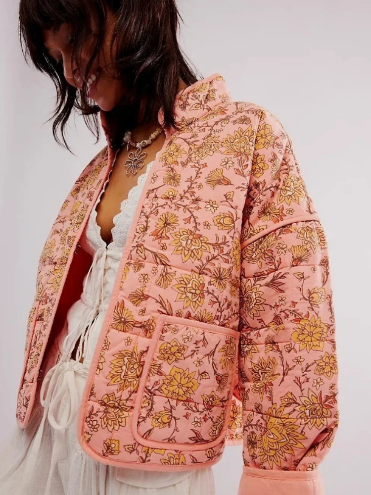 Vintage Harajuku Floral Print Cotton Coat Autumn Winter Women's Clothing Patchwork Cardigan Warm Cropped Jackets Outerwear Trend
