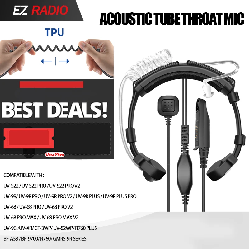 

Waterproof Adjustable Throat Mic Baofeng UV-9RPro V2 Walkie Talkies Earpiece UV-68Pro Max Acoustic Tube Headset for UV9R Radio