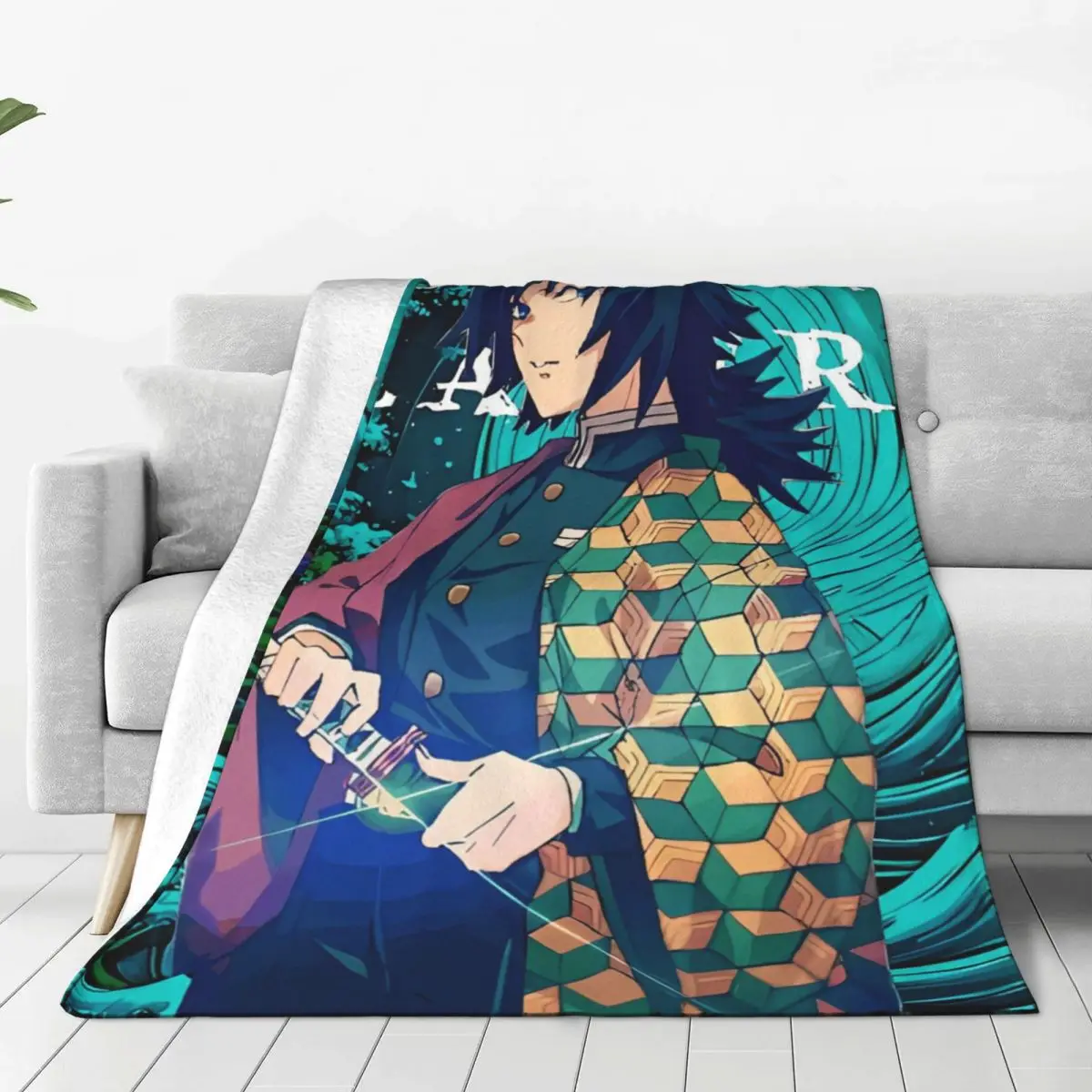 

Demon Slayers Giyu Tomioka Flannel Throw Blanket Anime Comic Blankets for Home Bedroom Super Soft Quilt