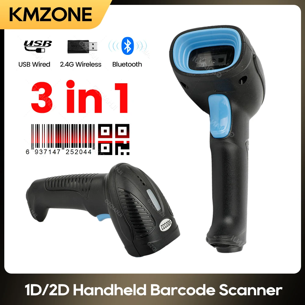 Portátil Handheld Barcode Scanner, QR Reader, 1D, 2D Bar Reader, USB, Sem Fio, 2.4G, Bluetooth, PDF417, Código DM