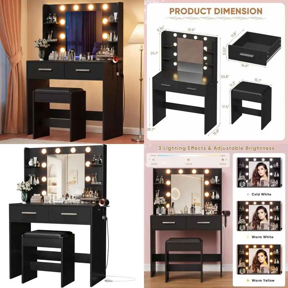 

Стол для макияжа с подсветкой, двумя ящиками, косметическим зеркалом, розеткой и держателем черного цвета