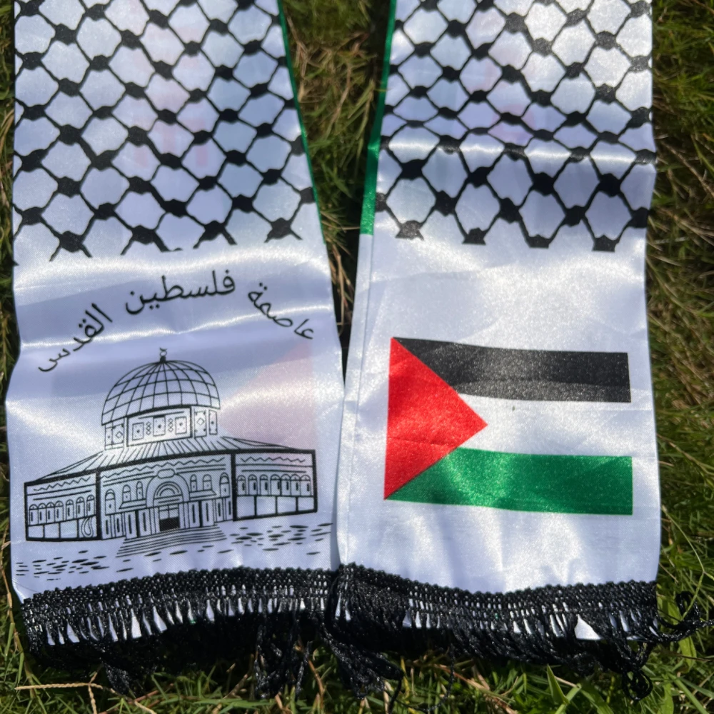 وشاح فلسطين 130 × 14 سم وجه ستان مطبوع فلسطين علم اليوم الوطني خريطة القصر وشاح شال #6