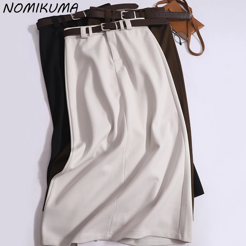 

Nomikuma Fashion Medium-long Skirts Womens Autumn New Bottoms Korean High Waisted Causal Split Skirt with Belt Faldas De Mujer