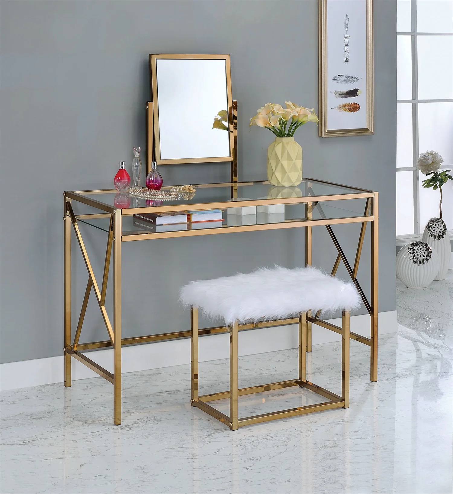 [Flash Sale]Vanity+Stool Set Makeup Dressing Table with Mirror Metal Frame Dresser Champagne/Silvery[US-Stock]