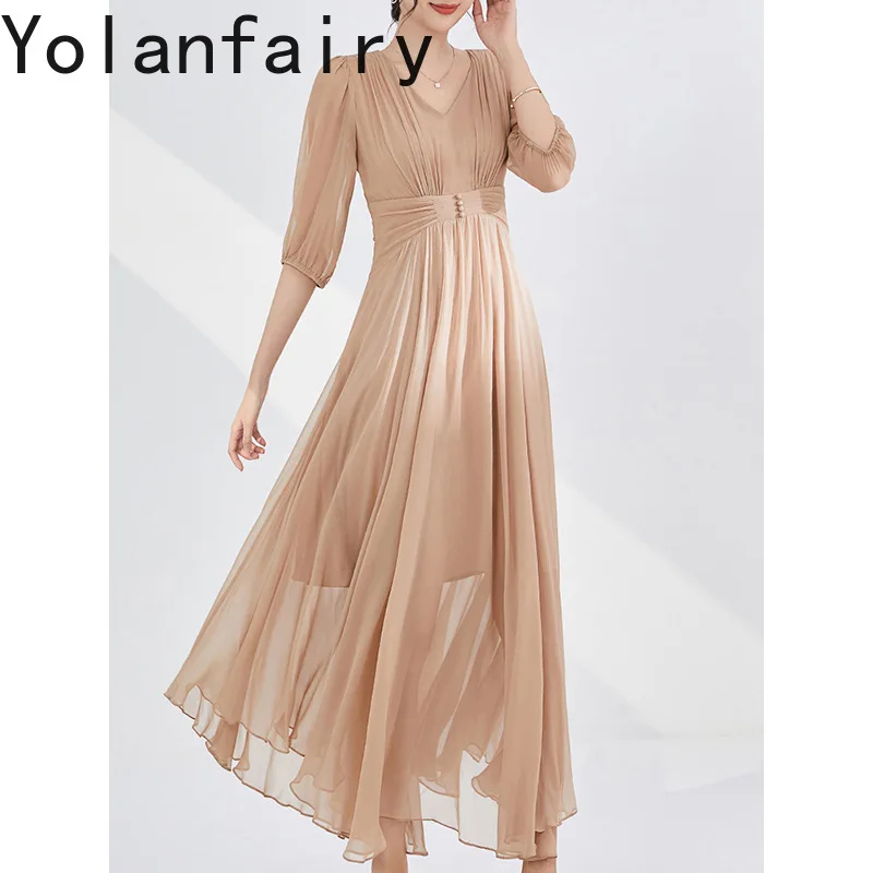 YOLANFAIRY élégant 100% véritable robe en soie de mûrier femme Style français 2025 robes d'été femmes mode plis robe de vacances kez1]