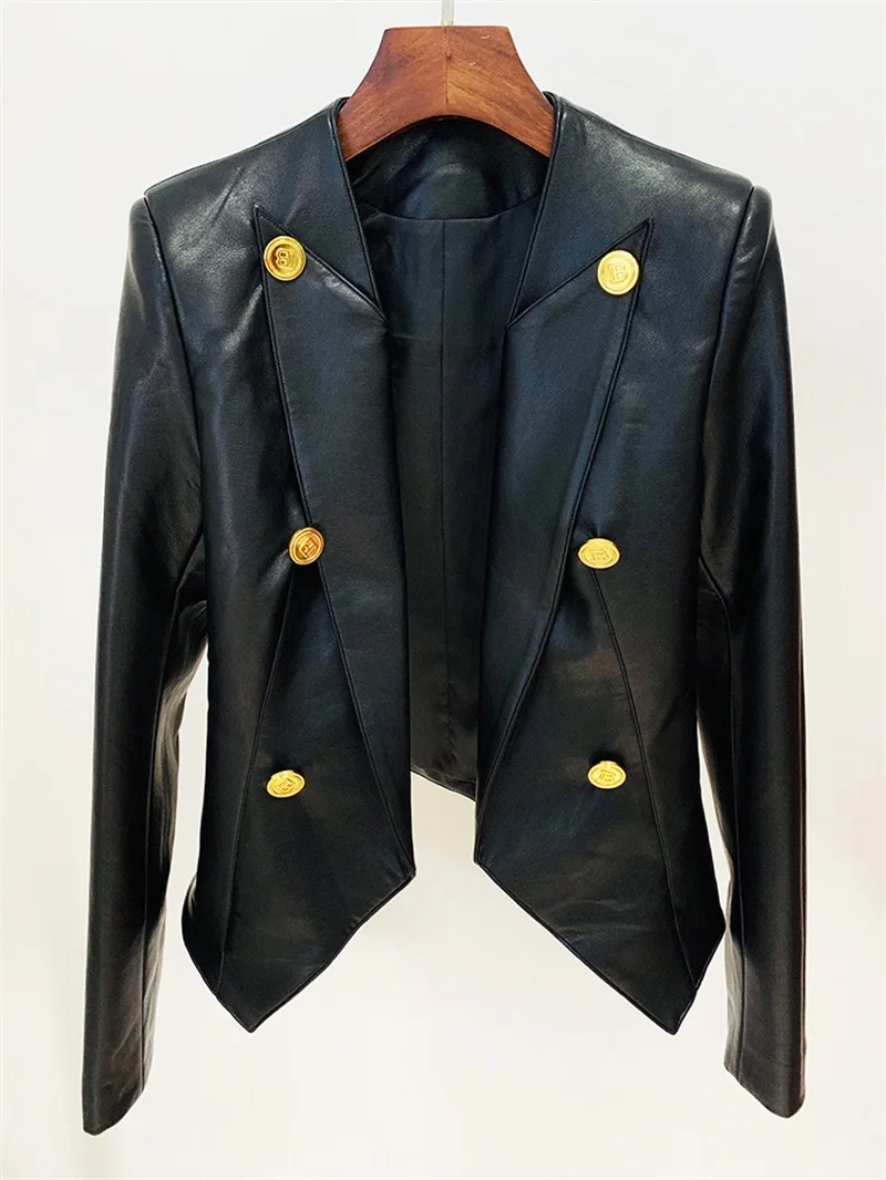 Metal Double Breasted Buckle Women's Suit Gorgeous Peak Lapels Leather Tops Black Brown Long Sleeve Blazer New Arrival In Stock