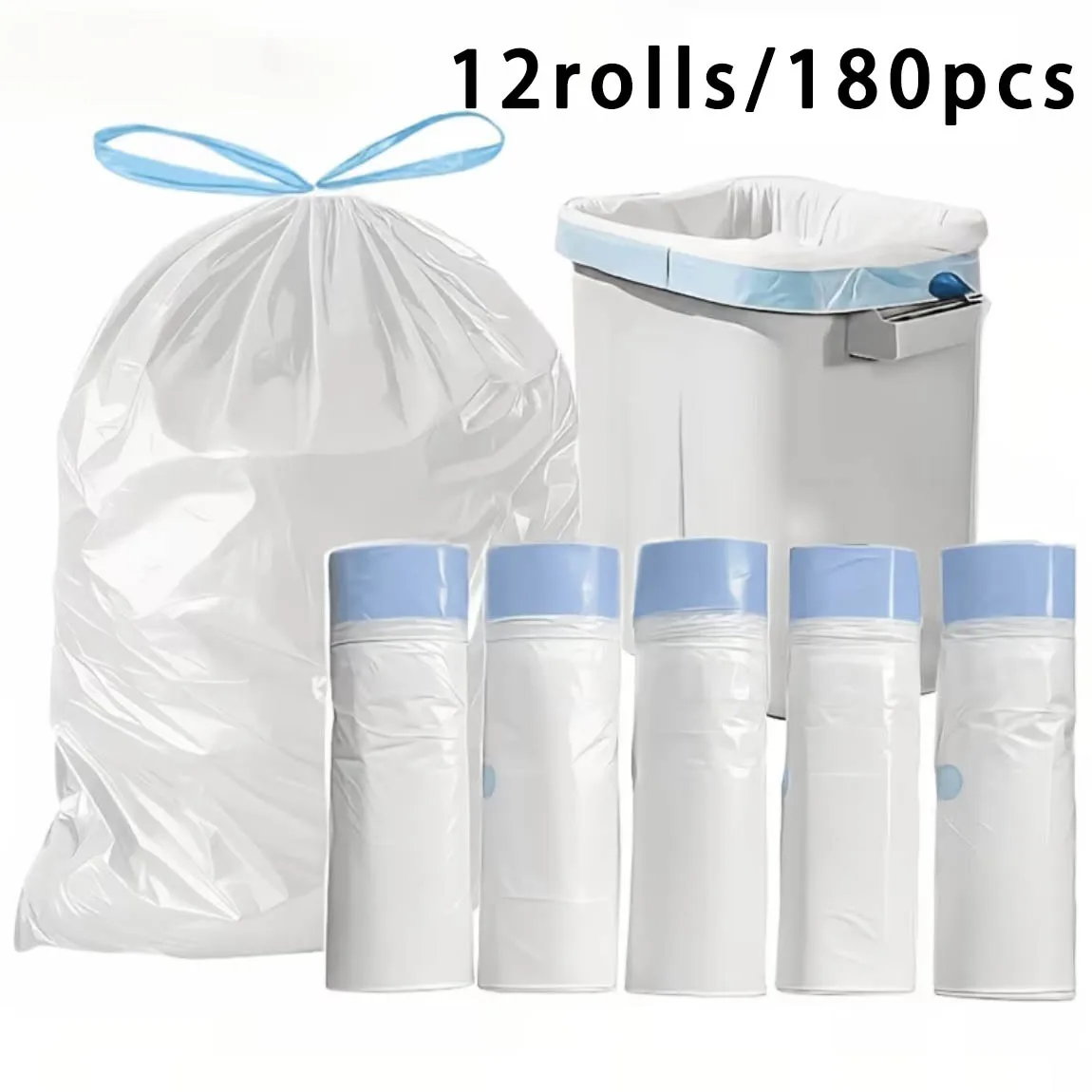 180 pcs drawstring garbage bags, large size, strong load-bearing capacity, durable, with automatic sealing to keep hands clean