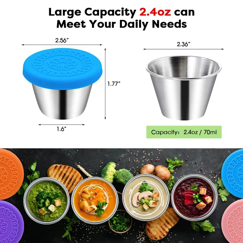 2.4Oz Small Condiment Containers, Salad Dressing Container, Stainless Steel Sauce Container With Silicone Lids
