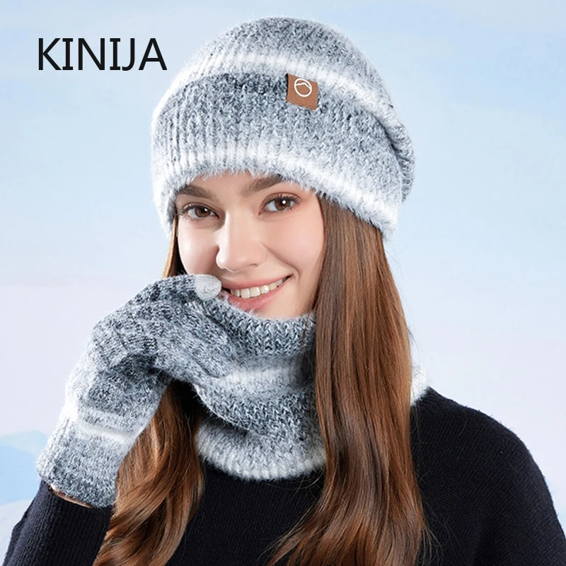 Winter Kappe Handschuhe Schal Set Frauen GradientColor Gestrickte Hut Verdickt Fleece Futter Schädeldecke Outdoor Radfahren Winddicht Mützen