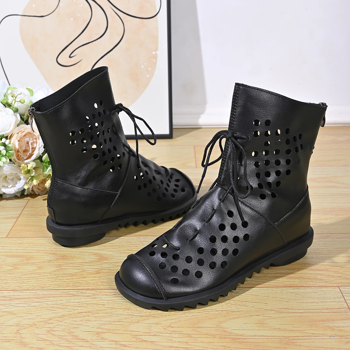 

Soft Leather Shoes Women's Hollow Out Cool Ankle Boots Sandals Hollow Out Woman 3cm Low Heel Zip Flat Summer Lace_up Cave Shoes