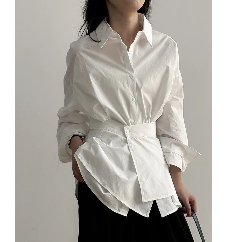 Unique Designs Women's White Shirts Single-Breasted Elegant Outfit Long Sleeve Cotton Classic Blouse Female 2025 New Trendy