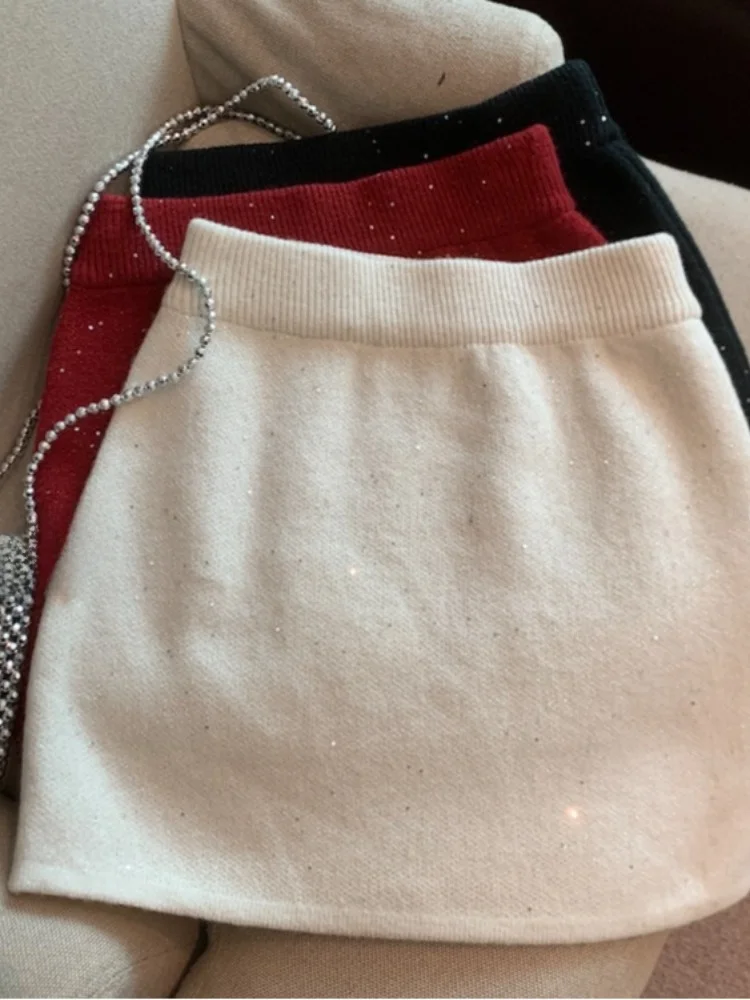 패셔너블한 하이웨이스트 니트 A라인 스커트 여성용 가을 겨울 순수한 매력 스커트 부드럽고 편안한 코르...