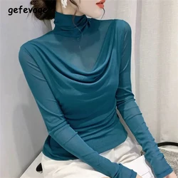 Womens Clothing 2023 Korean Fashion Sexy Sheer Mesh High Collar Elegant Basic T-shirts Autumn Female Solid Long Sleeve Slim Tops