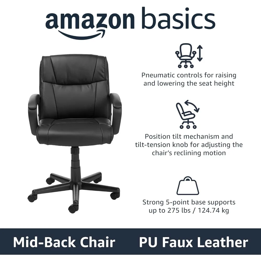 Basic office computer chair with padded armrests, mid-back design, adjustable backrest, casters, black.