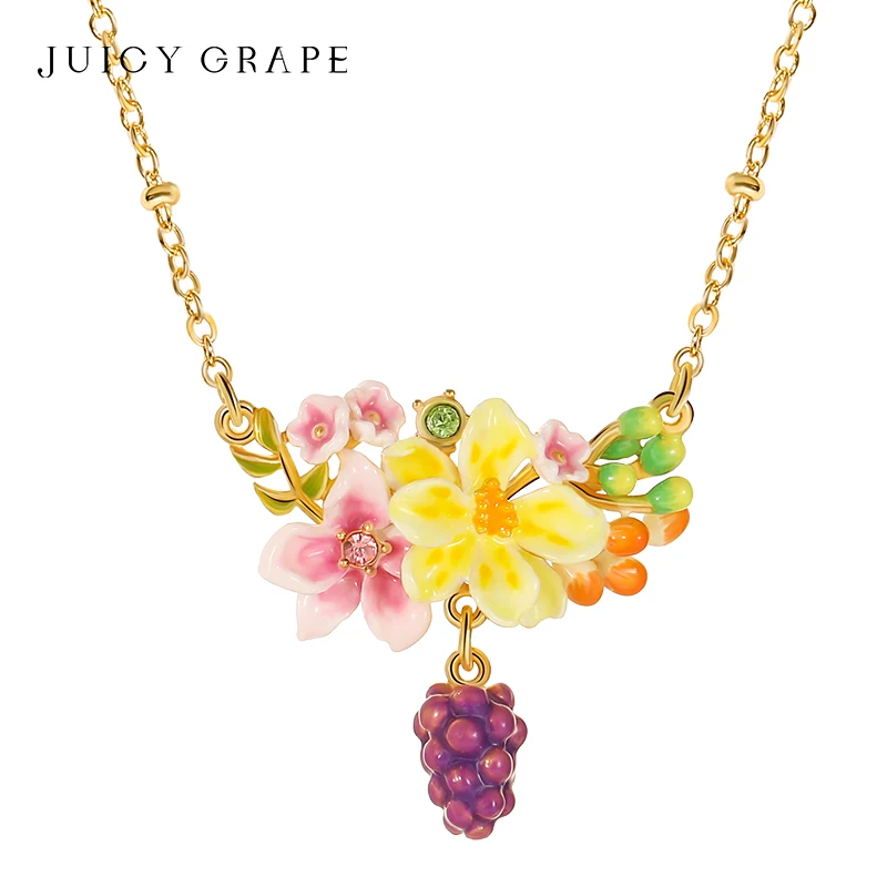 

Juicy Grape Luxury Enamel Flower Grape Necklace for Women Hand Enameled Necklace 18K Gold Plated Birthday Day Gift