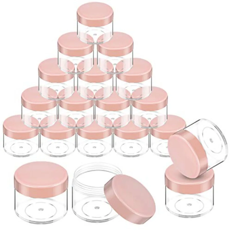 Juego de 20 recipientes redondos de plástico para cosméticos con tapa para muestras de cremas líquidas, 20 ml/0,7 oz, tapa rosa