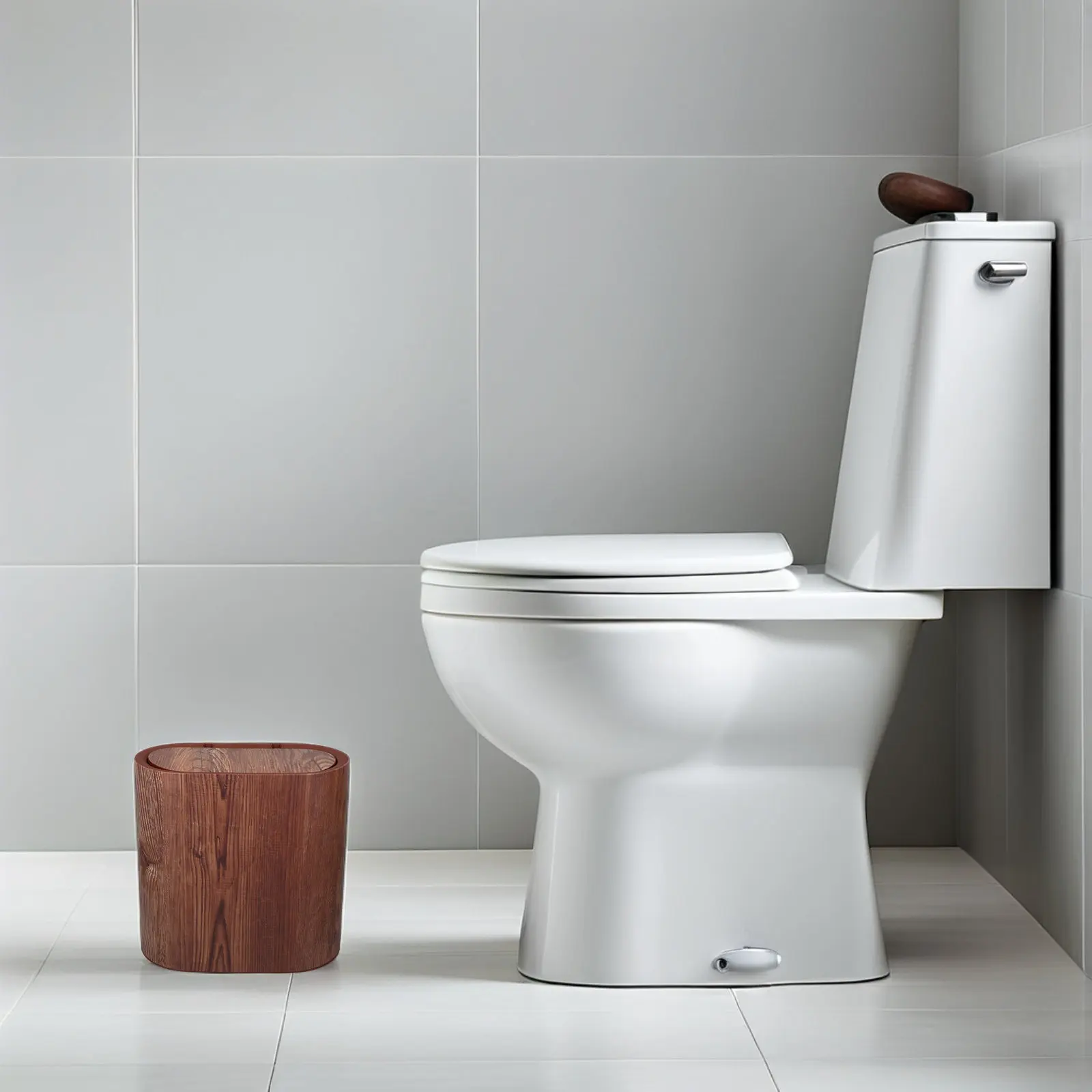 Wood Grain Narrow Garbage Can 14L Lid Compact Slim Bathroom Kitchen Office Wastebasket Small Rustic Bathroom Trash Can