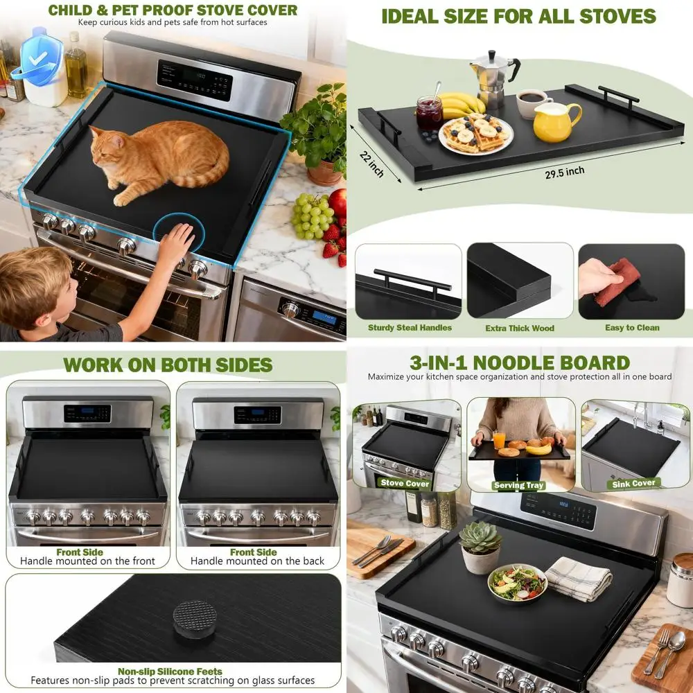 

Thick Wooden Stove Top Cover with Handles, Black, for Electric/Gas Stoves, Kitchen Counter & Sink Protection