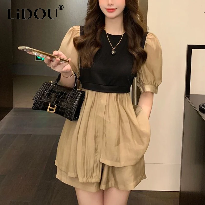 

Summer New Fake Two Piece Patchwork Short Sleeve Pullover Shirt Wide Leg Shorts Set Women Loose All-match Suit Female Clothes