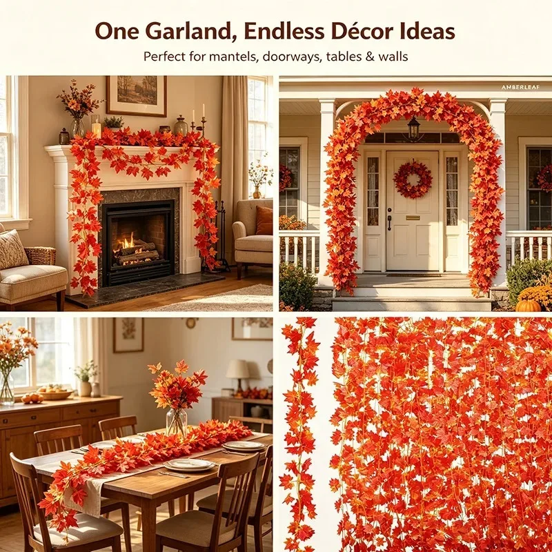 Artificial Fall Maple Leaf Garland Fake Hanging Vine Autumn Leaves for Thanksgiving Halloween Christmas Wedding Party Home Decor - view 5