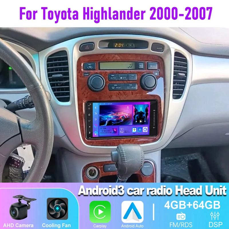 

7" 4-64GB Car Radio Wireless Carplay For Toyota Highlander 2000-2007 Android Auto Head Unit GPS Navi Steering Wheel Control