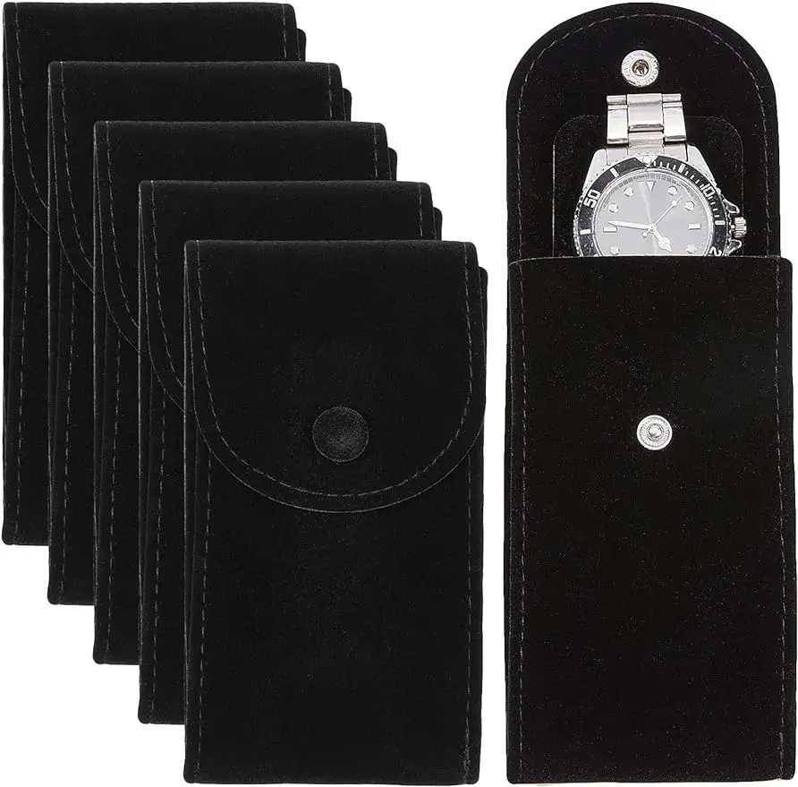 6Pcs Velvet Watch Pouch Black Portable Single Watch Travel Case Watch Storage Bag Luxury Gift Bag with Snap Button