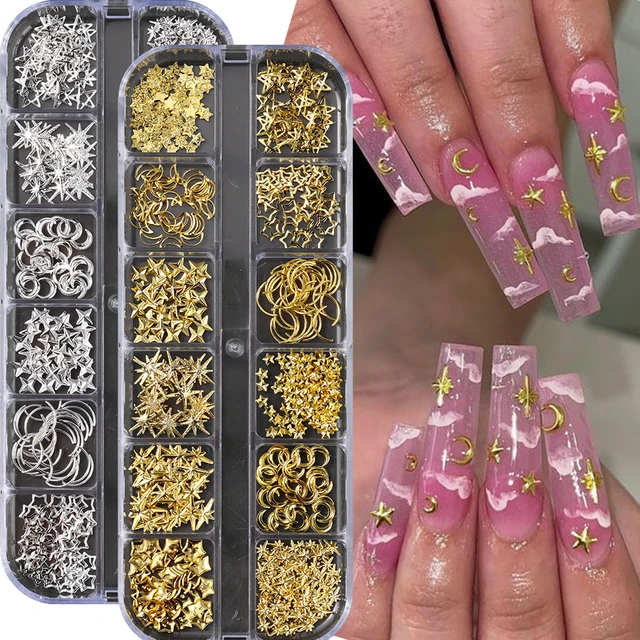 12 siatek losowa mieszanka nitów do paznokci szpilki złote/srebrne gwiazdy lekkie ozdoby do paznokci Charms Asterism Starlight akcesoria artykuły do ​​Manicure