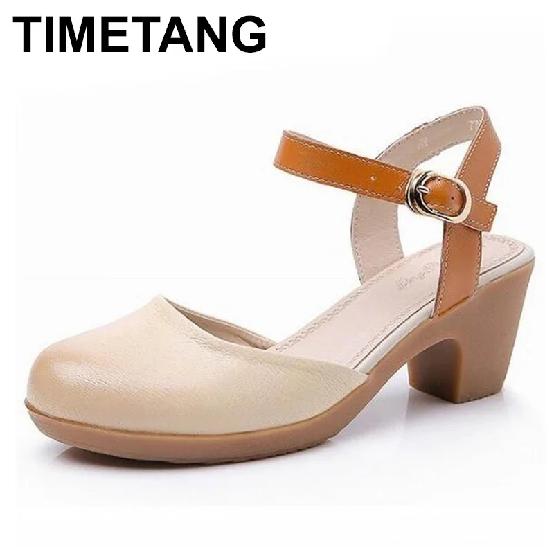 TIMETANGWomen Summer Sandals Genuine Leather Round Toe Heels Women Sandals Low Block Heel 6CM Woman Shoes Sexy Strappy Back