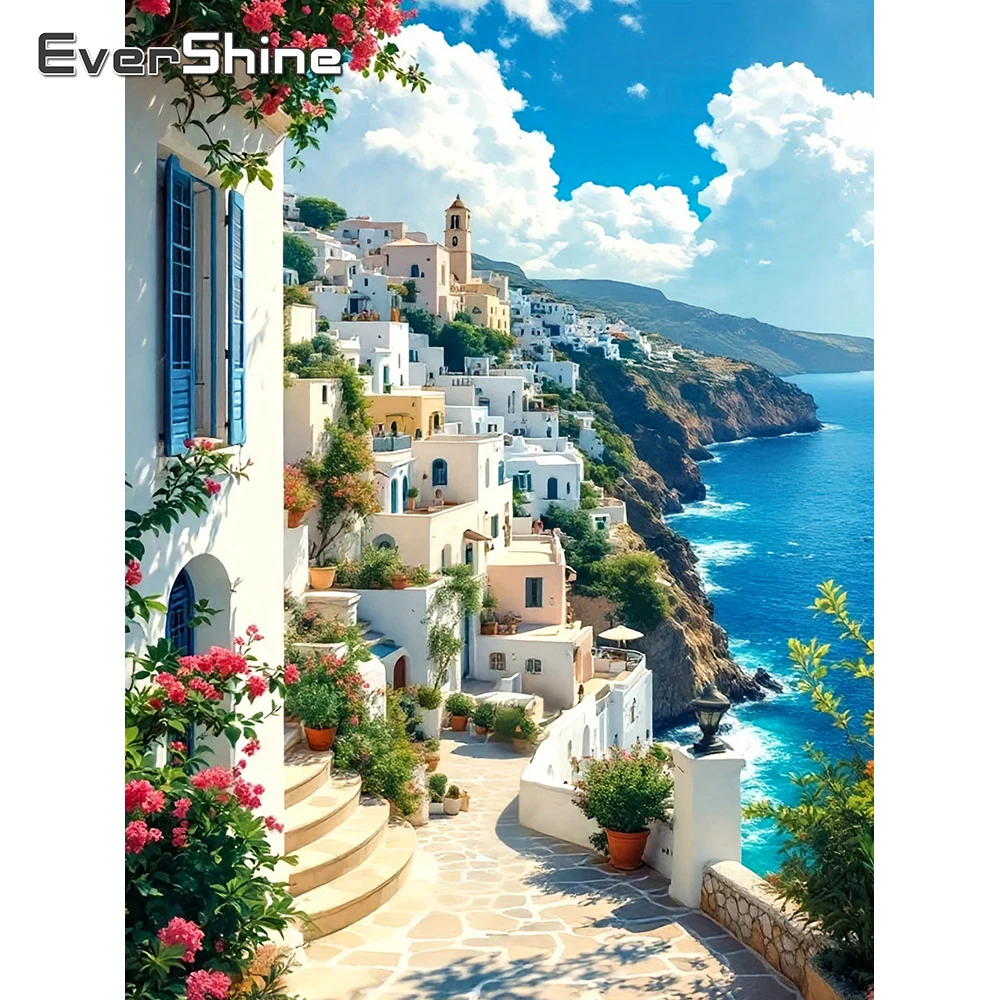 EverShine Diamant-Stickerei Landschaft am Meer 5D DIY Vollquadrat-Gemälde Haus Strass-Mosaik Berg Wandkunst