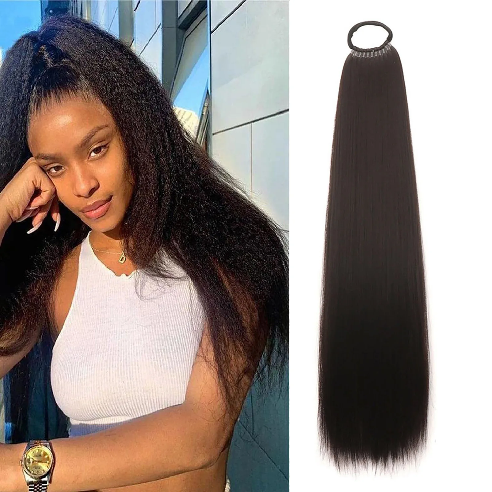 

Jeedou Synthetic Ponytail Long Yaki Straight Hair Ponytails Hair Extension With Ring Black Afro Fluffy Woman's Haipieces