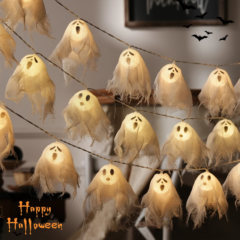 Light Up Ghost Garland 10/20 LED Battery Operated Handmade Ghost String Lights for Home Window Halloween Party Decor