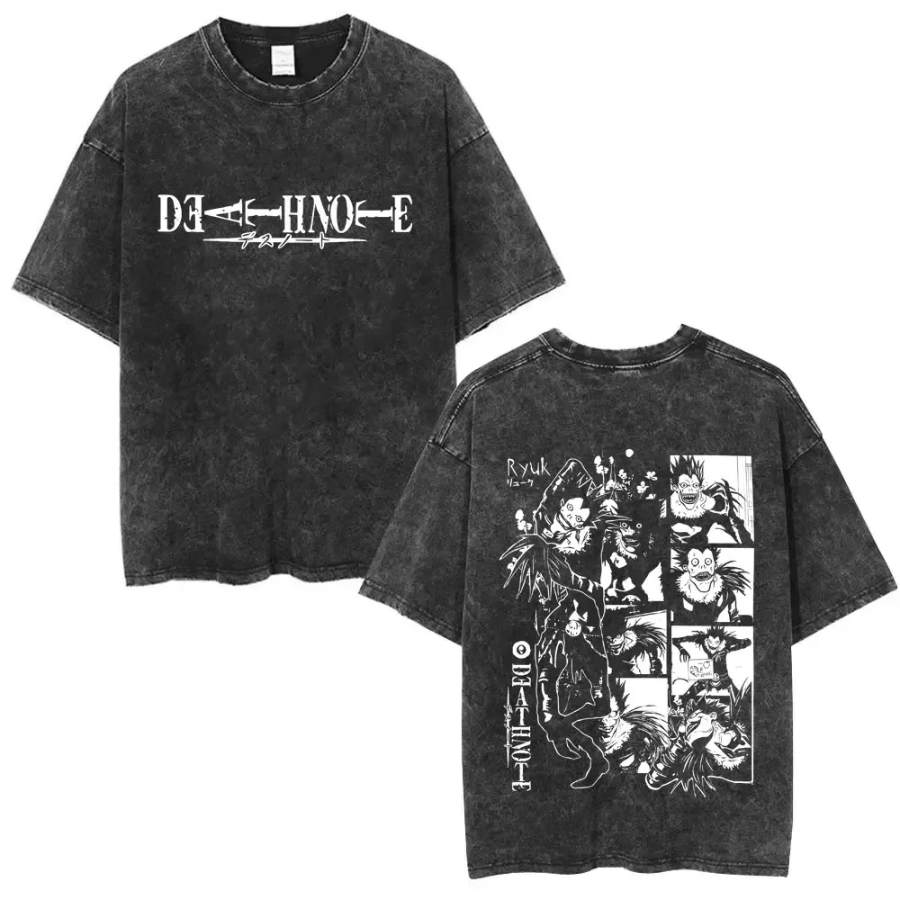 

Washed Vintage Anime Death Note Ryuk Double Sided Print T Shirts Men Women Fashion Cartoon Street Oversized Crewneck T-shirts