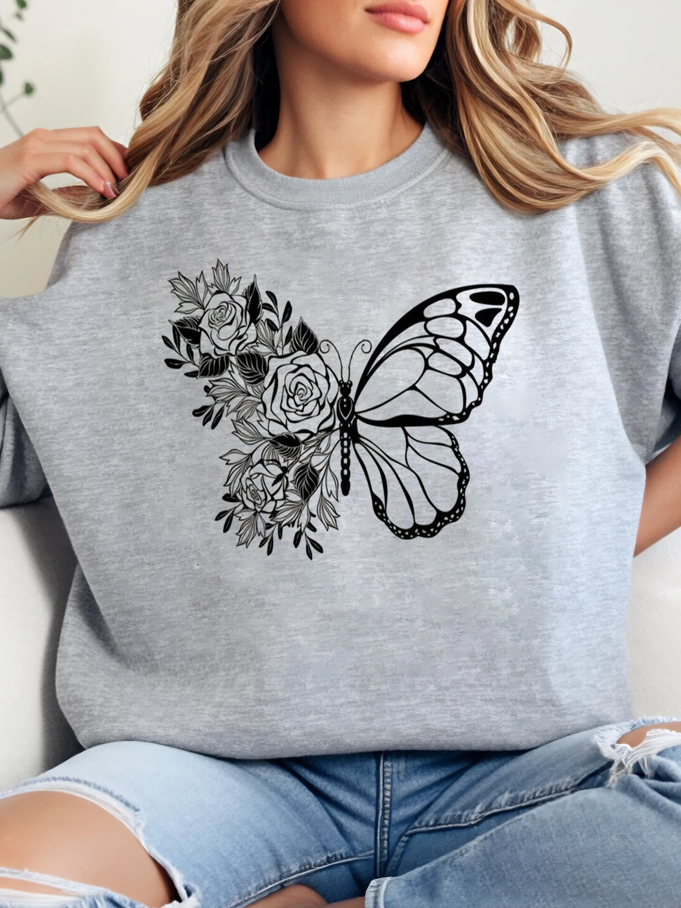 

Толстовка с круглым вырезом и цветочным принтом бабочки, весна-лето, женская повседневная одежда больших размеров