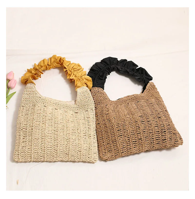 Tas Anyaman Jerami dengan Ruffle, Tas Selempang Warna Solid Model Terbaru, Tas Pantai Liburan, Tas Bahu Wanita, Tas Tangan Wanita Unik
