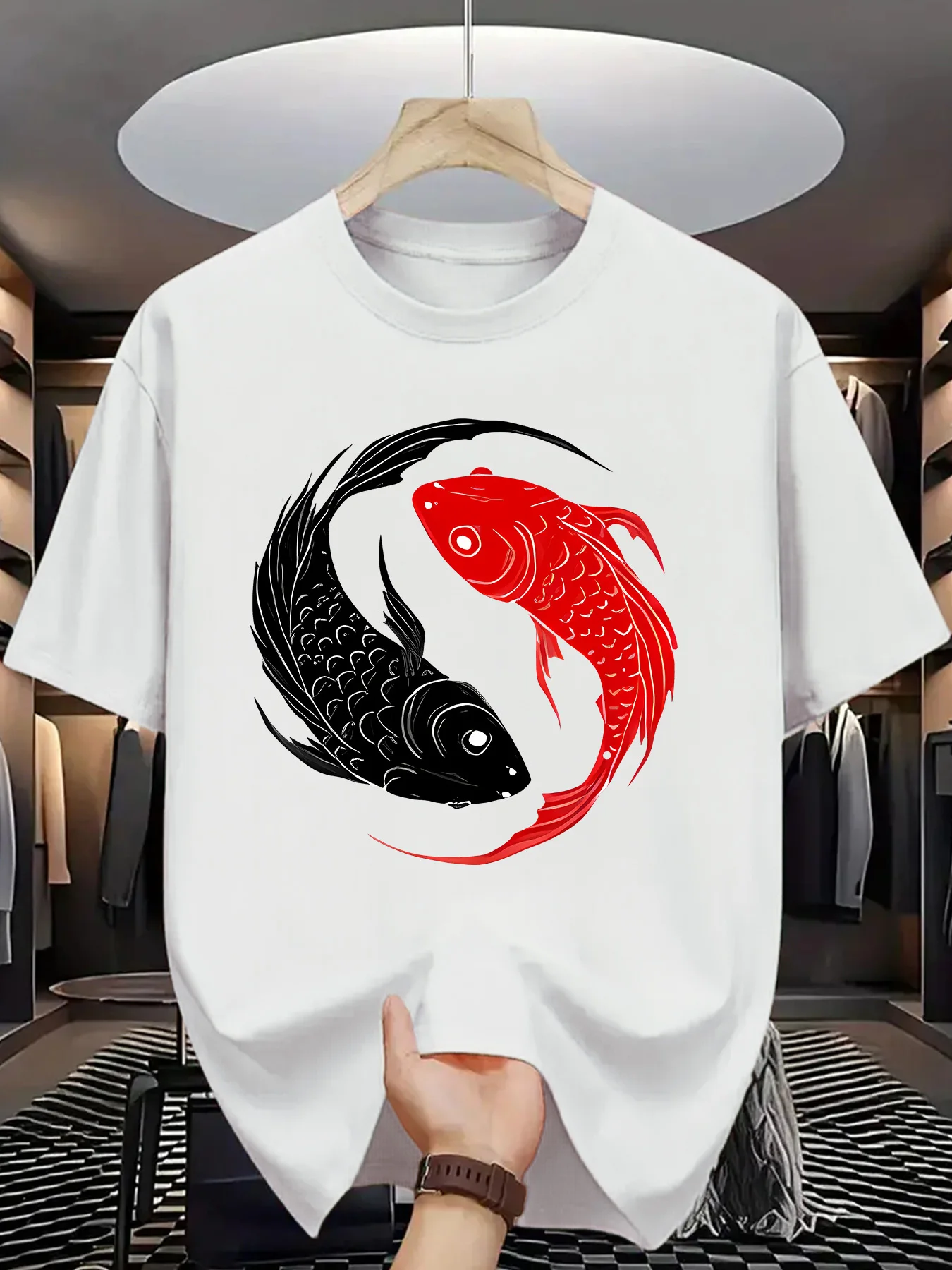 Yin Yang Koi Print Men Short Sleeve Tshirt Black And Red Carp Oriental Symbol O Neck Tee Eastern Style Male Street Fashion Tops