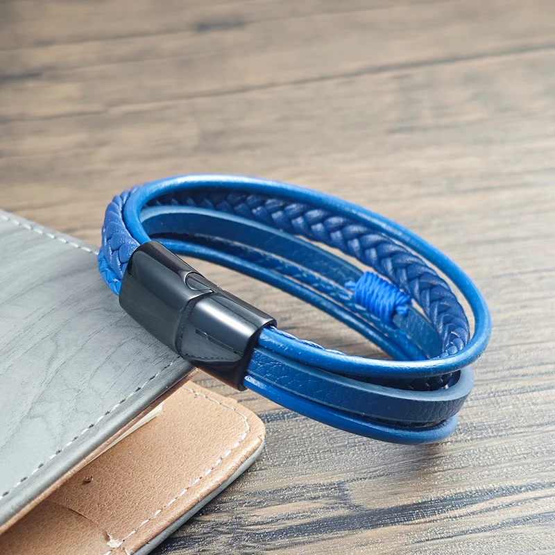 Men Stainless Steel Bracelet Blue Multi-layer Braided Leather Wristband Magnetic Clasp Punk Jewelry for Daily Wear Gift