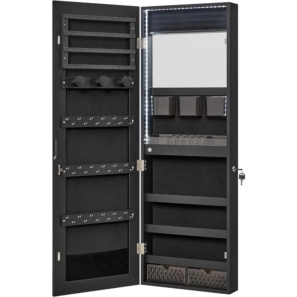 SONGMICS Jewelry Cabinet Armoire Organizer with LED Lights, Wall-Mounted Storage Cabinet with Full-Length Frameless Mirror